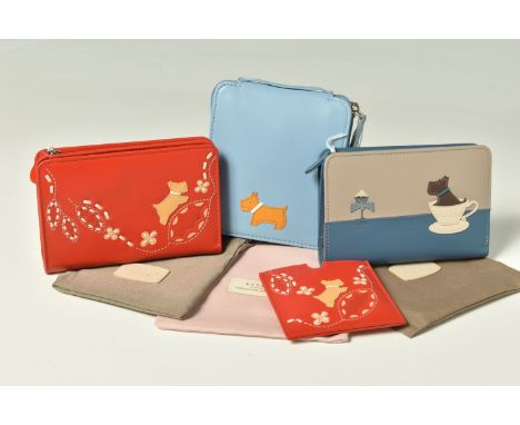 RADLEY: comprising a pale blue leather folding shopping bag, a 'Tea Time' range zipper purse, a red 'Amble' range purse and m