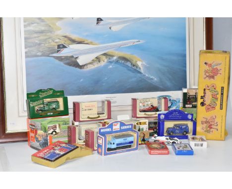 A BOX AND LOOSE TOYS AND CONCORDE PRINT, to include 'Concorde Formation' a print after Robert Taylor, limited edition 463/850