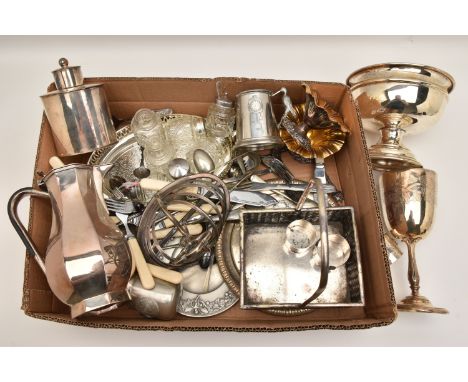A BOX OF ASSORTED WHITE METAL, to include bonbon dishes, a water jug, a bread basket, a goblet, and other assorted items