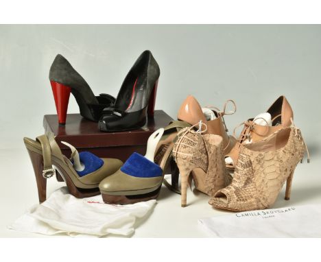 FOUR PAIRS OF LADIES DESIGNER HEELS, comprising a pair of 'Salvatore Ferragamo Plateau' grey leather sandals, buckled ankle s