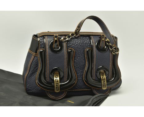 FENDI B BAG, BLUE NAPPA LEATHER, black patent leather trim with yellow stitching, Fendi buckles, Fendi hologram label inside 