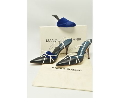 MANOLO BLAHNIK: VARISTA GALA105KLIN, navy blue leather with white leather detail and ankle strap fastening Continental size 3