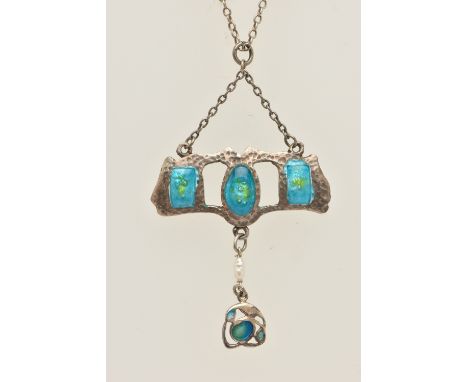 AN ENAMEL NECKLACE, a white metal necklace with enamel detail, fitted with a white metal trace chain, also fitted with a late