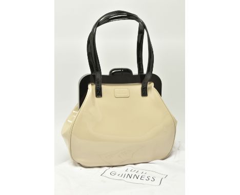 LULU GUINNESS NUDE/BEIGE PATENT LEATHER HANDBAG, black patent handles and black plastic clasp, mirror shaped zip clasp still 