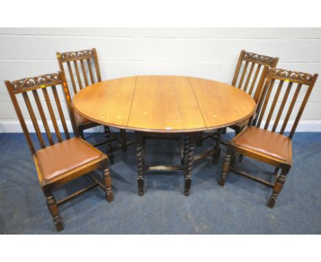 A 20TH CENTURY OAK BARLEY TWIST GATE LEG TABLE, open width 150cm x closed width 56cm x depth 106cm x height 74cm, along with 