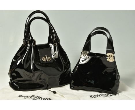 RUSSELL &amp; BROMLEY: TWO BLACK PATENT HANDBAGS, comprising a  bag with turn fastening, gun metal tone hardware, height 24cm