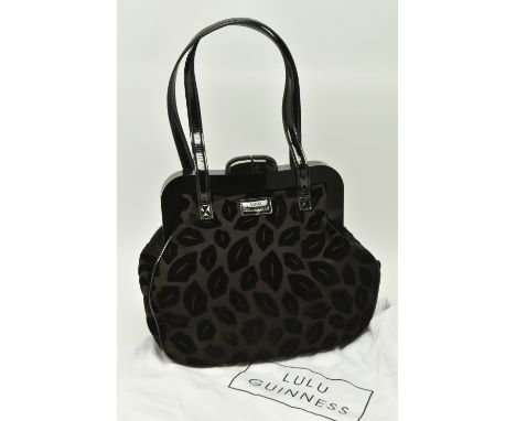 LULU GUINNESS HANDBAG BLACK VELOUR 'LIP' DESIGN, black patent leather handles, black plastic clasp, mirror shaped zip clasp i
