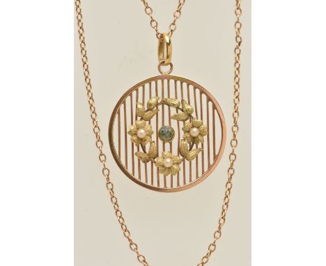 A YELLOW METAL GEM SET PENDANT AND CHAIN, the open work circular pendant with floral detail set with a central light blue sto