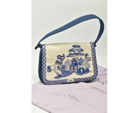 LULU GUINNESS HANDBAG, a blue and white 'Willow' pattern design, embroidered and beaded trees, L.G monogram and mirror shaped