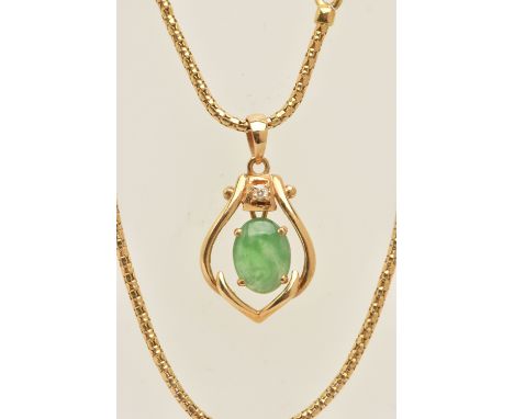 AN 18CT GOLD JADE NECKLACE, oval cabochon prong set in a yellow metal pendant, bail stamped 750, suspended from a yellow gold