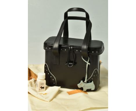 RADLEY: a black leather 'Dolly' tote bag with a pale blue leather Scottie dog charm, dust bag, leather cream and cloth, toggl
