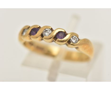 AN 18CT GOLD AMETHYST AND DIAMOND RING, set with three round brilliant cut diamonds interspaced with two circular cut amethys