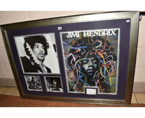JIMI HENDRIX - FRAMED PHOTOGRAPHS AND CARD BEARING A SIGNATURE, comprising three black and white photographic prints, a photo