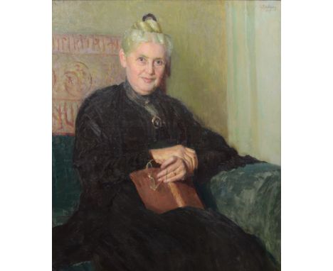 Fritz Reusing (German, 1874-1957), oil on canvas, Portrait of Lady in Black Holding Book, signed and dated 1917 upper right, 