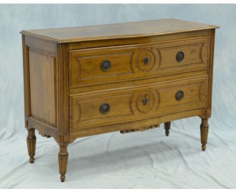 Walnut French Provincial 2 drawer commode, serpentine front, molded and raised paneled ends, 45" w, 32 1/2" h, 19 1/2" d, 19t