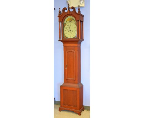 American cherry tall case clock by Emanuel Meily, Lebanon, PA, scroll top bonnet with arched door over a painted steel dial s