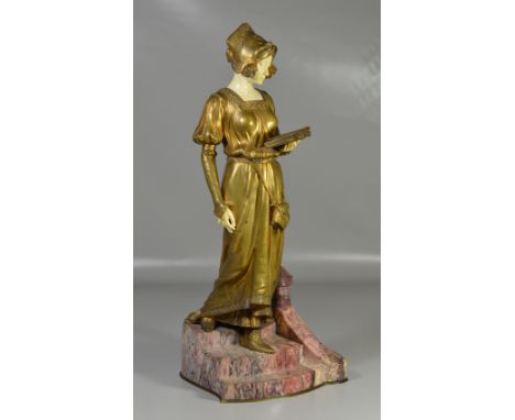 D(ominique) Alonzo, French, early 20th c, bronze, marble and carved ivory sculpture, c 1900-1910, Lady with Book Descending S