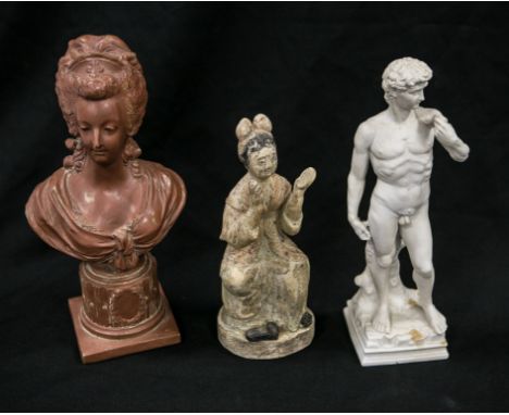(3) Sculptural figures, 20th C, c/o terracotta figure of a female bust, bisque porcelain figure of David, Chinese ceramic fig