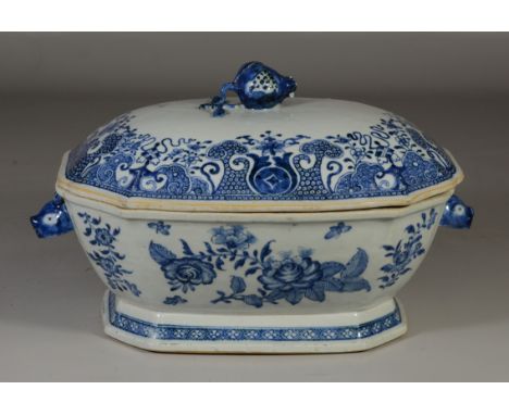 Chinese Export porcelain blue & white covered tureen, boar's head handles, pomegranate finial, chips to finial, 14-1/2" w