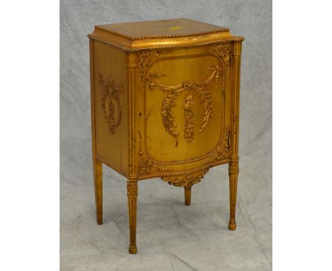 Gilt decorated Louis XVI style music cabinet, serpentine front, 22" w, 37" h, 19th c, 5 shelf interior