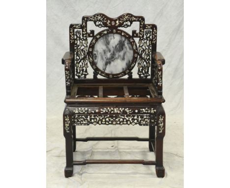 Chinese armchair with mother of pearl inlay, round white marble inset back, frame loose, needs marble or cushion for seat, 40