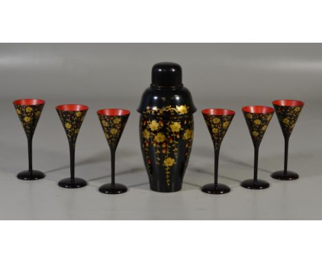 (7) Piece Japanese gilt black lacquer cocktail shaker & stem set, red lacquer interior, with an Icelandic lava ceramic vase, 