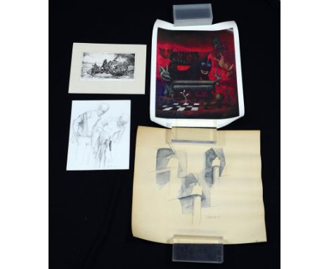 Lot of four works on paper, all unframed, to include: J Manning, watercolor and graphite on paper, Architectural Sketch, 20-1