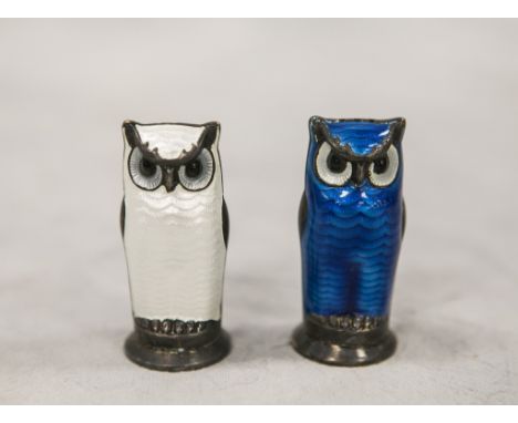 Pair of David Anderson sterling silver and enamel owl form shakers, 2" high, 2.11 TO