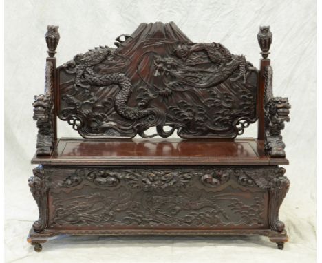 Asian dragon carved hall bench, lift seat and high back open dragon arms, 58" w, 49" high