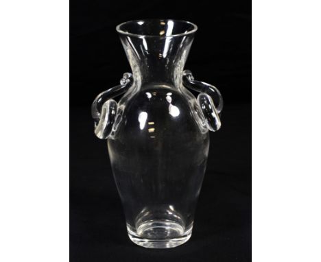 Steuben crystal vase, applied loop and ring handles, 9-3/4" h