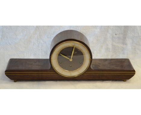 Mauthe, Germany mid century design Westminster Chime mantle clock, wood grained plastic and mahogany case, 22-3/4" w, 8-1/4" 