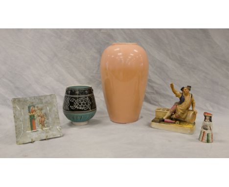 (5) Pieces ceramic ware, 20th C, c/o square-form ceramic dish with glass overlay, small Staffordshire figure of a lady, Conti
