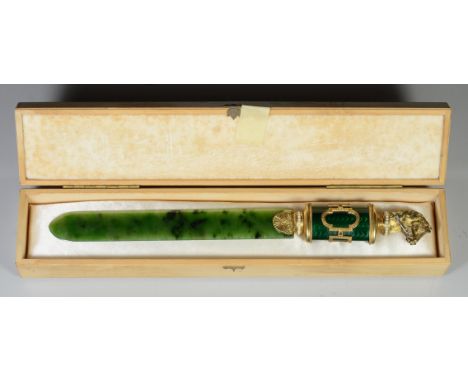 Faberge style gilt silver letter opener, green jade blade, gilt silver mounted handle with green guilloche enameled body, sta