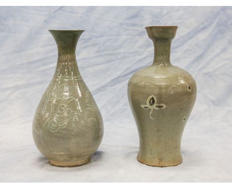 (2) Asian celadon vases, one with brushed floral decoration and misshapen neck & spout, one with brushed floral decoration, r