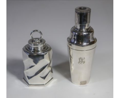 Silver plated tea caddy, makers mark in a diamond cartouche, 6 1/2" tall; Mappin & Webb silver plate cocktail shaker, 9 1/4" 