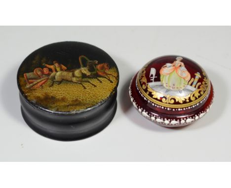 (2) Dresser boxes, paper mache snuff box with Russian sleigh scene handpainted on lid, red lacquer interior, unsigned, 3-1/8"