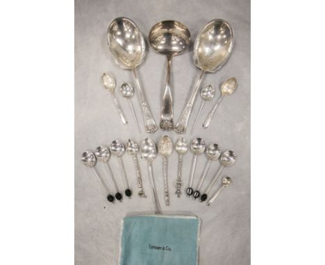 (2) Dominick & Haff sterling silver serving spoons, with 9 various 800 & sterling silver demitasse spoons, along with 6 plate