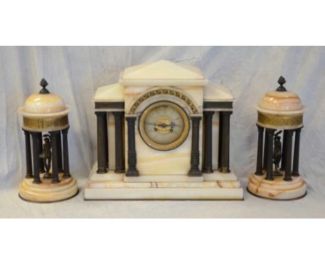 3-Piece French alabaster & bronze mounted clock set, the classical column form clock with engraved & embossed brass dial mark