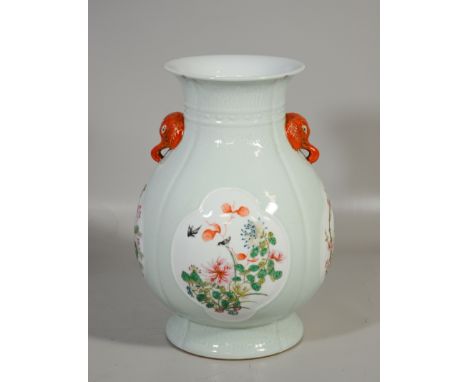 Chinese celadon & Famille Rose enamel vase with elephant handles, floral reserves, lotus, birds & flowers, etc, mark to base,