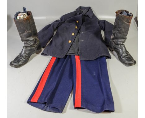 Assembled Civil War/Indian War uniform c/o pr black leather boots, found in Maine; Indian Wars 5 button blouse with Civil War