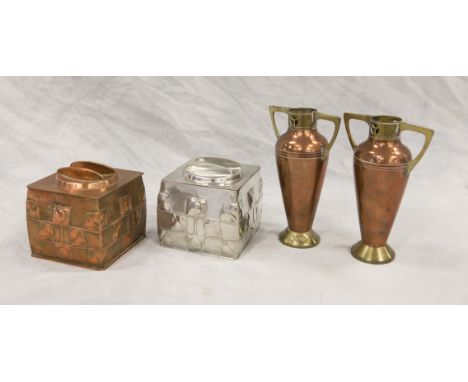 Pewter Archibald Knox Tudric box, marked "Tudric", with a copper patinated Tudric box marked "JB 2765" , 4 1/2" sq, with a pa