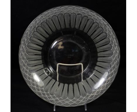 R Lalique "Jaffa" pattern clear and frosted glass center bowl, 2-3/4" h, 12-1/4 "d, wear to base, no damage or repairs, early