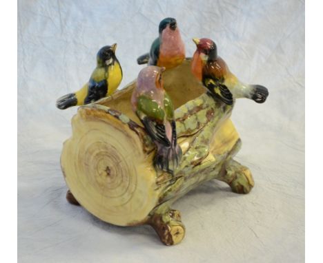 Jerome Massier, Vallauris, majolica log planter with 4 song birds perched, c 1860-80's, 7" long, 7-1/4" high, no damage noted