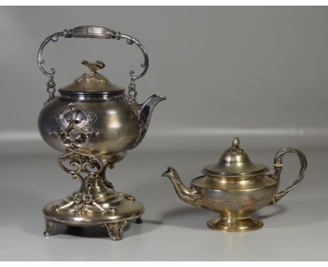 Christophle plated silver tilting kettle, burner, floral finial, base marked Christofle / 78 , 15 1/2" tall to top of handle,