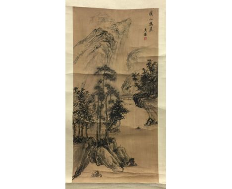 Chinese landscape scroll, caligraphy & seal mark upper right, overall 66" x 19-1/2"