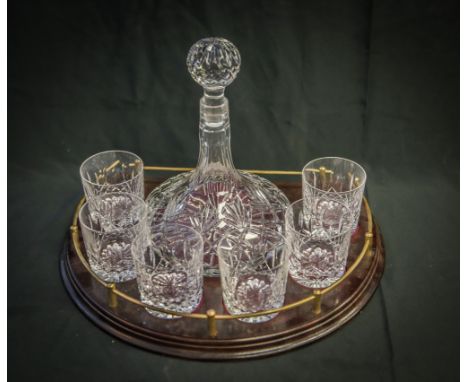 (6) Waterford Lismore highball glasses, with crystal decanter on a wood tray with brass rim, 17" w, decanter 10-1/2" high
