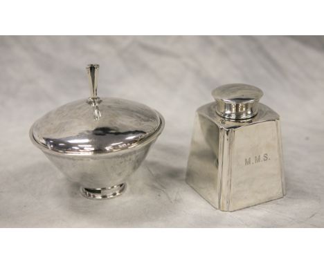 Liza sterling silver covered sugar bowl, 5" tall, tapered square sterling silver tea caddy, mark of JE Caldwell & Co, 4" high