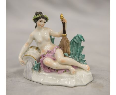 Meissen type porcelain figurine of a reclining seminude maiden with lute, blue crossed line mark at rear of base, minor losse