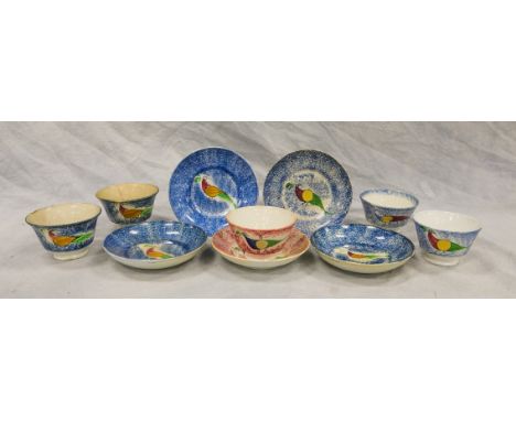 (5) Peafowl spatterware cups and saucers, (4) blue & (1) red, saucers typically 6", cups 4", some discoloration. 6427355