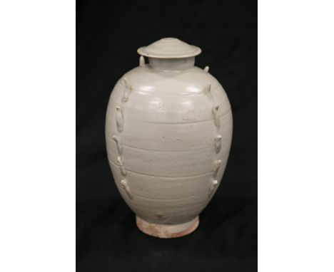 Asian celadon glazed ceramic jar with cover, applied spur decoration, 19th/20th C, 11 1/2" h